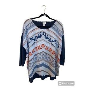 Zenergy by Chico's Top Blouse Sz 2/M. 3/4 Sleeve Multi-Color Polyester Blend